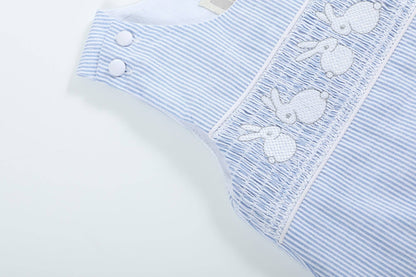 Light Blue Seersucker Bunny Smocked Shortalls