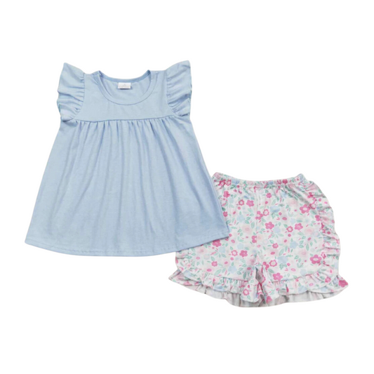 Light Blue Floral Flutter Sleeve Set
