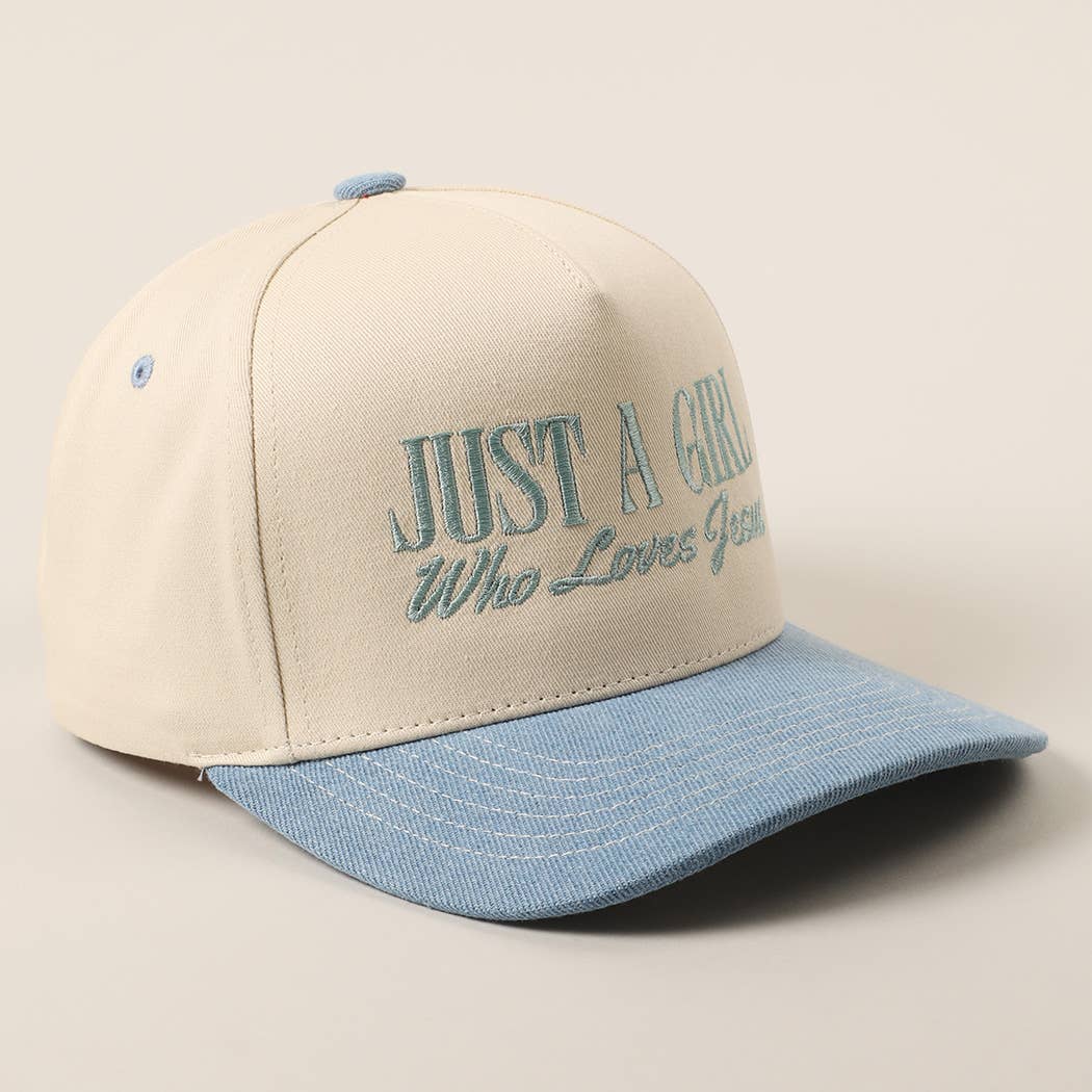 Just A Girl Who Loves Jesus Embroidery Trucker Hat: Light Denim