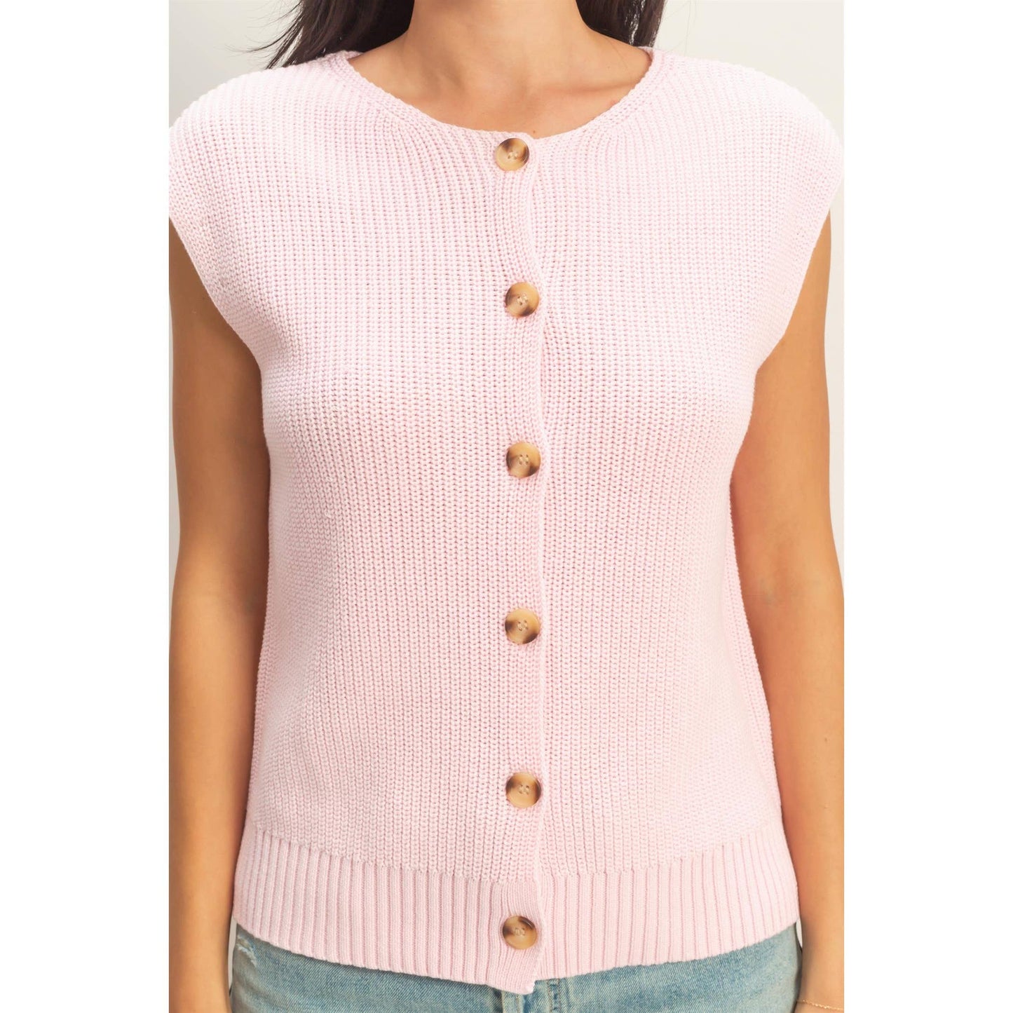 Sleeveless Button-Up Ribbed Vest: Soft Pink