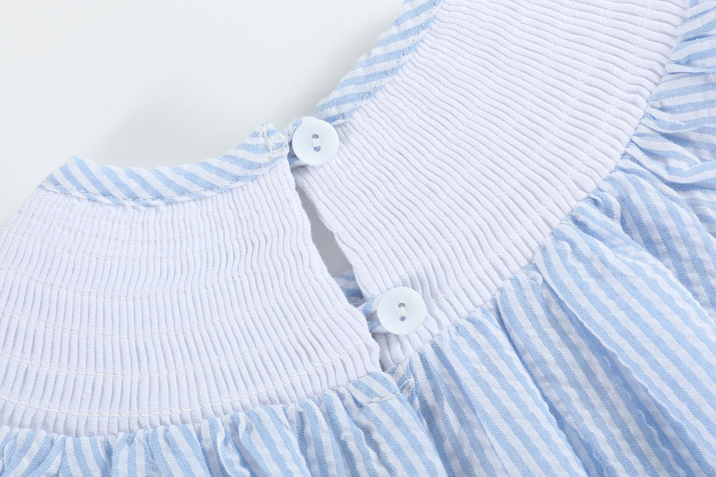 Blue Seersucker Bow Smocked Flutter Romper