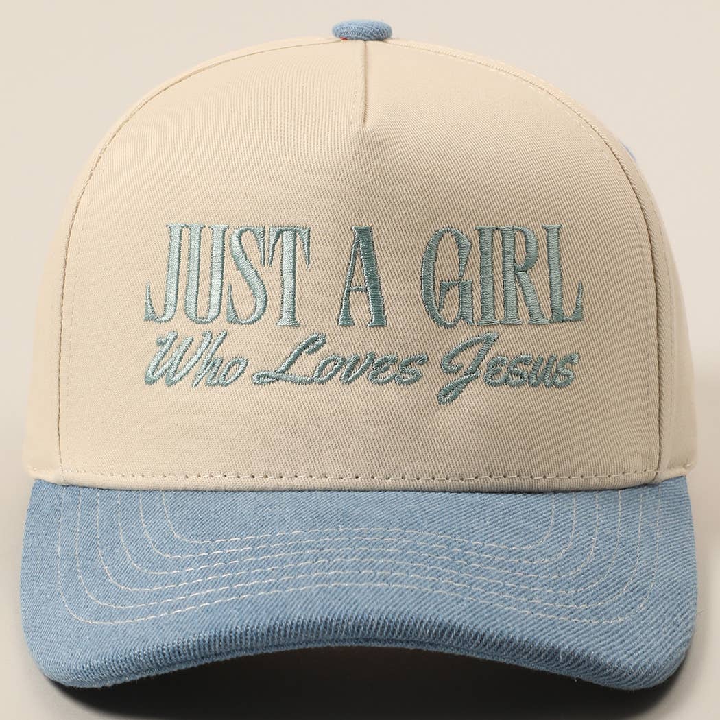 Just A Girl Who Loves Jesus Embroidery Trucker Hat: Light Denim