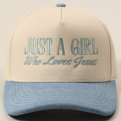 Just A Girl Who Loves Jesus Embroidery Trucker Hat: Light Denim