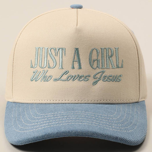 Just A Girl Who Loves Jesus Embroidery Trucker Hat: Light Denim